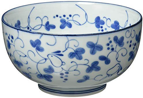 (Ichikyu) Mino Ware 131-1216 Blue Porcelain Decorative Noodle Bowl, Diameter 6.5 x Height 3.3 inches, 16.9 oz Capacity, Dishwasher & Microwave Safe, Made in Japan