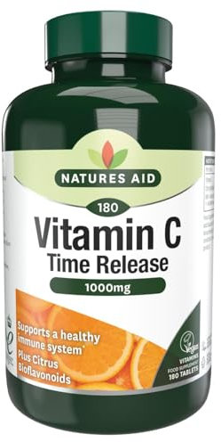 Natures Aid Vitamin C 1000mg Time Release - High Strength with Bioflavonoids - Supports Immunity, Bones & Heart - Antioxidant - Vegan, Gluten-Free, Non-GMO Supplement – 180 Tablets