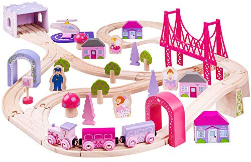 Bigjigs Rail, Fairy Town Zug Set Holzspielzeug Holzeisenbahn Set Geschenke für 4 Jahre Mädchen Rosa Zug Set Mädchen Zug Set Bigjigs Zug Set