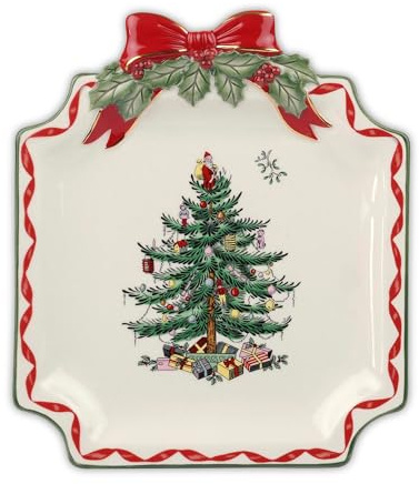 Spode Christmas Tree Ribbons Canape Platter - 6.5-Inch Holiday Serving Plate for Desserts, Appetizers, and Treats - Festive Earthenware Christmas Dinnerware with Gold Accents - Dishwasher Safe