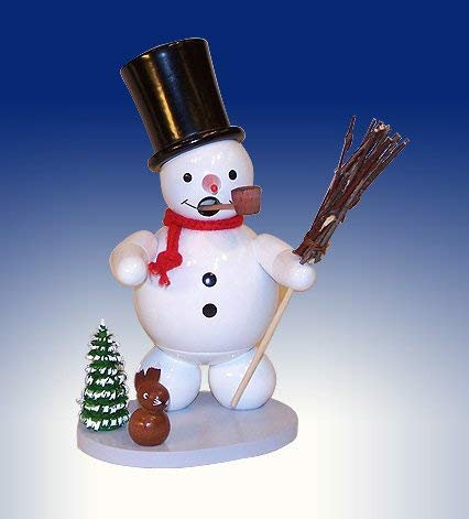 Rudolphs Schatzkiste Smoking Man Snowman with Cylinder Rabbit and Broom Height 13cm Smoke Man Smoking Figure Räucherkerze Figurine Wood Seiffen Erzgebirge Wood Smoke Character Christmas Decoration