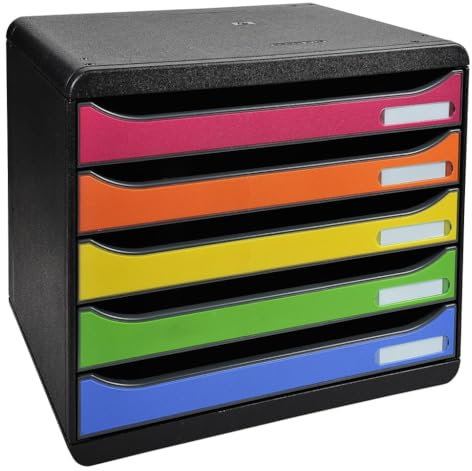 Exacompta 308798D Ablagebox Iderama Querformat mit 5 Schubladen für DIN A+ Dokumente. Belastbare Schubladenbox mit hoher Kapazität für mehr Platz Big Box Plus Horizon Blauer Engel schwarz|bunt