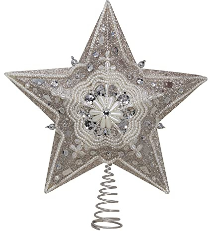Kurt Adler Star Treetop with Ivory Pearls and Platinum Glass Glitter, 13.5-Inch