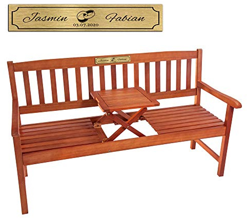 Casa Vivente Friesenbank aus Holz mit Gravur zur Hochzeit, Personalisiert mit Namen und Datum, Aufklappbarer Tisch, Goldene Plakette