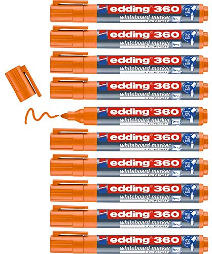 edding 360 marcador para pizarras blancas - naranja - 10 rotuladores - punta redonda 1,5-3 mm - rotulador para pizarra blanca, borrado en seco - pizarra blanca, flipchart, tablón de notas