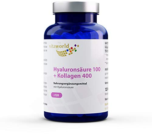 Vita World Pack de 3 Acide hyaluronique 100mg + collagène 400mg 360 Capsules Made in Germany