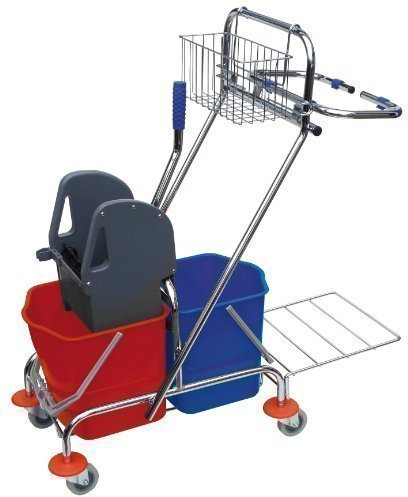 cleanSv - Chrom Reinigungswagen mit 2 Eimern, vertikale Presse, 70 Liter Müllbeutelhalter, Metallkorb