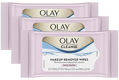 Olay Cleanse Makeup Remover Cleansing Face Wipes, Daily Facial Towelettes, Rose Water, 25 Count, 3 Pack
