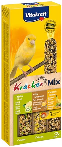 VITAKRAFT - Kräcker - Friandise pour Canaris - Alimentation Pour Oiseaux Domestiques - Assortiment de 3 Délicieux Kräckers Kiwi Citron, Sésame Banane et Œuf Graines de Graminées - Lot de 1