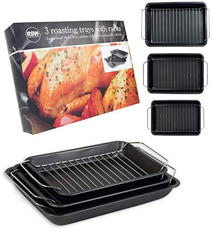 Set of 3 Roasting Baking Tin Trays & Racks Cooking Oven Dish Bakeware Non Stick