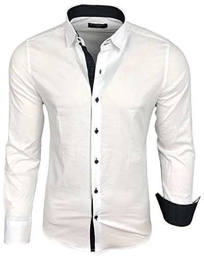 Baxboy Herren-Hemd Langarm/Business Freizeit Hochzeit/Bügelleicht/Slim-Fit/Anzug Kentkragen Hemd B-500, Farbe:Weiß - Schwarz, Größen:XL