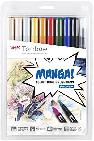 Tombow ABT-10C-MANGA2 Fibre-Tip Pen Dual Brush Pen Manga Set Shonen, Black