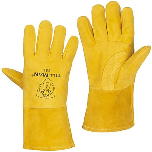 John Tillman Large 12 Gold Premium Heavyweight Reverse Deerskin CottonFoam Lined MIG Welders Gloves with 4 Cuff and Kevlar Thread Locking Stitch (TIL35L)