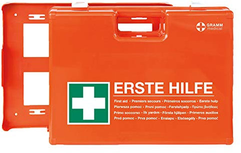 ACTIOMEDIC I Trousse de secours MULTI avec support mural, Usage mobile et stationnaire, DIN 13 169, pansements hypoallergéniques, Étiquetage multilingue, Orange, 42 x 33 x 15 cm, First aid kit