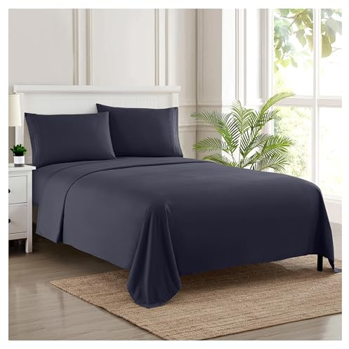 Sweet Home Collection Luxury Bedding Set with Flat, Fitted Sheet, 2 Pillow Cases, Microfiber, Navy, King