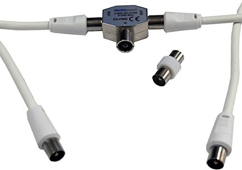 electrosmart 5m White Freeview TV Aerial Splitter Kit Includes 1.5m Coax 5m Coax Splitter & Adaptor