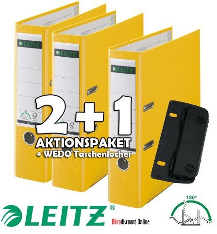 LEITZ Qualitäts-Ordner 180° Plastik - A4, 80 mm, gelb | 2+1 Vorteilspack