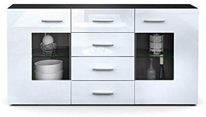 Sideboard Grömitz V1, Kommode mit 2 großen Türen und 4 Schubladen, Anthrazit matt/Weiß Hochglanz (138,5 x 75,5 x 35)