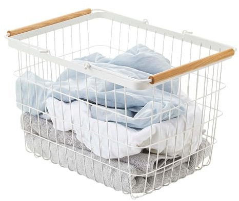 Yamazaki Home Tosca Laundry Basket - Laundry Basket With Wooden Handles - Medium, 11 - Steel + Wood - 6 Gallons, 23 Liters
