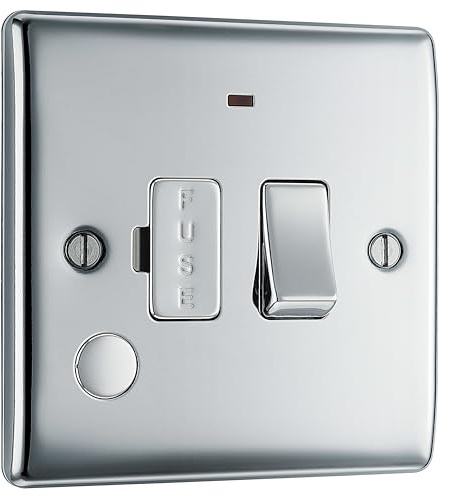 BG Electrical Switched Fused Connection Unit with LED Power Indicator and Flex Outlet, Fused Spur Switch, Double Pole, Raised and Slim Profile, Round Edges, Nexus Metal, Polished Chrome, 13A, NPC53