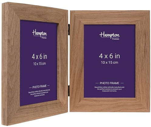 Hampton Frames | New England Solid Oak Wood Photo Frame, Hinged Double 4x6 (10x15cm), Natural | Freestanding, Seamless Bridle Joint, Glass Aperture | Sustainable Display for Photos