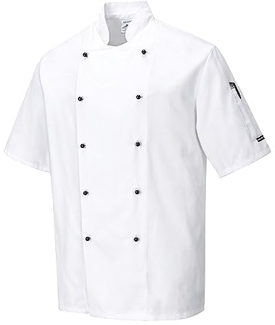 Portwest C734 Chef Jacket Protective Safety Short Sleeve Coat Stain Resistant Durable Workwear Unisex Professional Modern Chesfswear, White, Medium