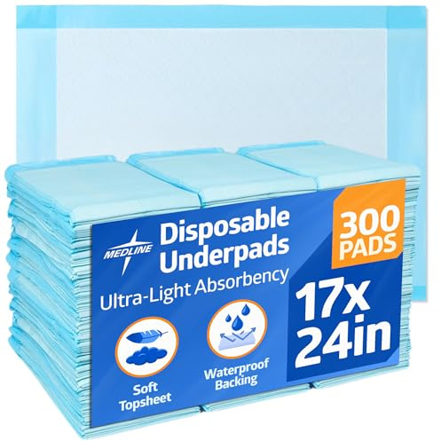 Medline Light Absorbency Underpad, 17 x 24, 300 Count, Disposable Chucks, Bed, Furniture & Surface Protection, For Kids, Adults, Elderly, Puppy Pad, Changing Pad, Incontinence Pee Pad