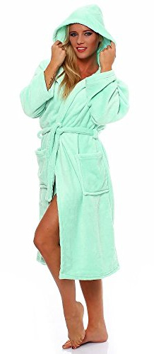 L.E.M.B. Hometrends Herren Damen Bademantel Kingston Microfaser Morgenmantel mit Kapuze mint M