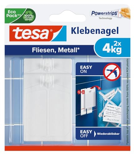 tesa Chiodo Adesivo per Superfici Lisce - 4 kg 1 Chiodo, Powerstrip Inclusi | Chiodo da Parete per Superfici Lisce e Solide in Bagno e in Cucina - Capacità Massima 4 Kg, senza Forature