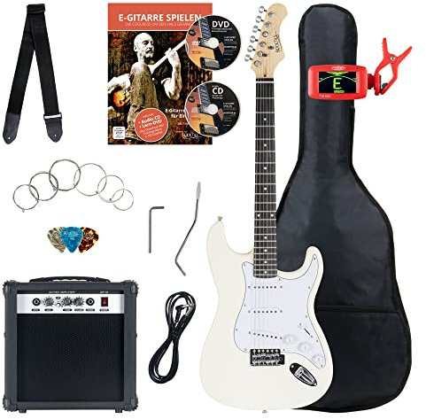 Rocktile ST-Pack Komplettset E-Gitarre White (Verstärker, Stimmgerät, Tremolo, Tasche, Kabel, Gurt, Plecs, Ersatzsaiten und Schule mit CD/DVD)