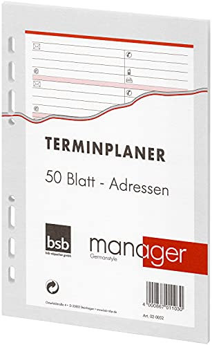 bsb Ersatzeinlage Adressen und Kontakte - 6-fach Lochung - Größe: circa A5 - für bsb Manager Terminplaner Organizer - 02-0052