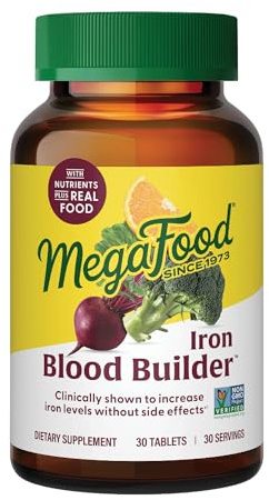 MegaFood Blood Builder Iron Supplement for Women & Men - Increase Iron Levels Without Side Effects - Combats Fatigue - with Vitamin B12, Folic Acid & Vitamin C for Absorption - Vegan - 30 Tablets
