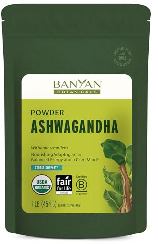 Banyan Botanicals Organic Ashwagandha Root Powder–1lb Bulk (504 Servings)Natural Cortisol Manager & Adrenal Support–Stress Relief, Better Sleep & Energy–Adaptogen for Smoothies & Moon Milk–Vegan,FFL*