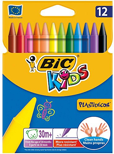 BIC Plastidecor, Lot de 12 craies de cire pour enfants, étui en carton, vous recevrez 1 paquet, contenu de la livraison : étui de 12