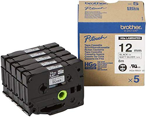 Brother HGEM931V5 Nastro Laminato, Nero/Argento, 5 Pezzi