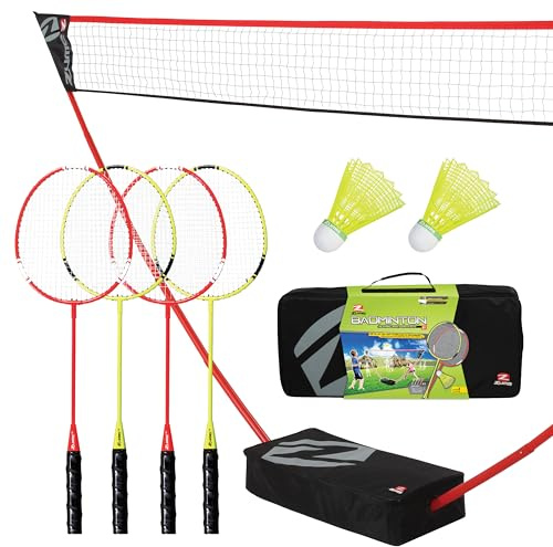 Zume Games Portable Badminton Set – 4 Rackets, 2 Shuttlecocks, Freestanding Net, and Carrying Case – Quick Setup Outdoor Game for Backyard, Beach, Camping, and Family-Friendly Activities