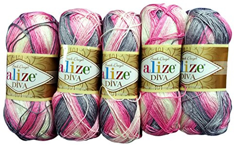 5 x 100 Gramm Alize Batik Wolle mehrfarbig mit Farbverlauf, 500 Gramm merzerisierte Strickwolle Microfiber-Acryl (rosa grau weiß 3245)