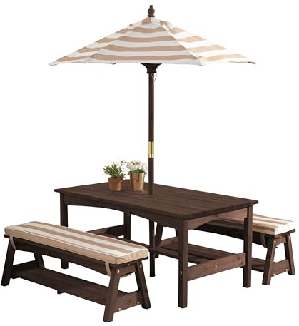 KidKraft Table et Bancs de Jardin pour Enfant avec Coussins et Parasol, Salon de Jardin extérieur en Bois pour Enfants, Rayé écru et Blanc, 00500