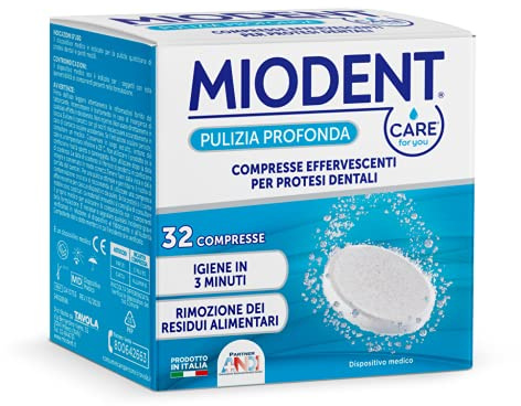 CARE for you MIODENT Compresse Effervescenti per Protesi Dentali – Igiene in 3 minuti, Rimozione dei Residui alimentari – Confezione da 32 compresse