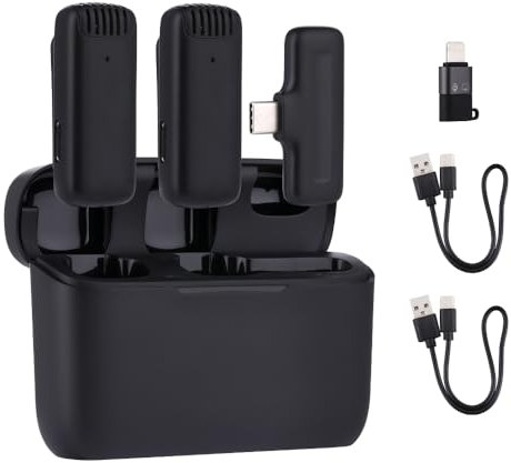 NK Micrófono Inalámbrico con Estuche de Carga - Micrófono Lavalier Wireless para iPhone/Android, Plug&Play, Pack 2 Micrófonos para Grabación de Tiktok/Twtch/Youtube/Vlog, Reducción de Ruido, Sin App