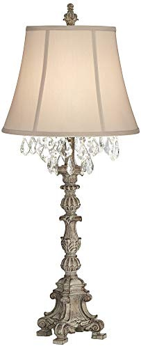 Barnes and Ivy Duval French Country Cottage Core Table Lamp 34 Tall Crystal Distressed Antique White Candlestick Beige Bell Shade Decor for Living Room House Bedside Nightstand Home Office Family