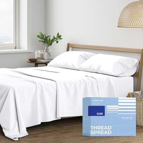 THREAD SPREAD King Size Cotton Sheets Set - 400 Series Glee Collection 100% Cotton Sheets for King Bed (4 PC, White), 16 in Deep Pocket Soft Bed Set for Hot Sleepers, Luxury Hotel Cooling Sheet