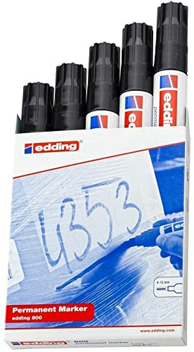 edding 800 permanent marker - black - 5 pens - chisel tip 4-12 mm - for bold markings - waterproof, quick-drying, smear-proof pens - for cardboard, plastic, wood, metal, glass and fabric