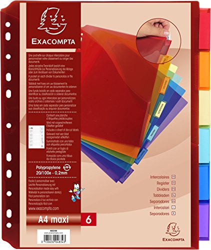 Exacompta, 4834E, Separadores para archivadores de palanca o anillas, con bolsillo personalizables, Polipropileno Alta Resistencia 20/100, 6 Posiciones, A4, Multicolor
