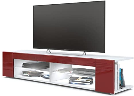 Vladon Buffet Bas Movie, Meuble TV avec 4 Compartiments Ouverts et placages décoratifs, Blanc Mat/Bordeaux Haute Brillance, éclairage LED Blanc Inclus (134 x 29 x 39 cm)