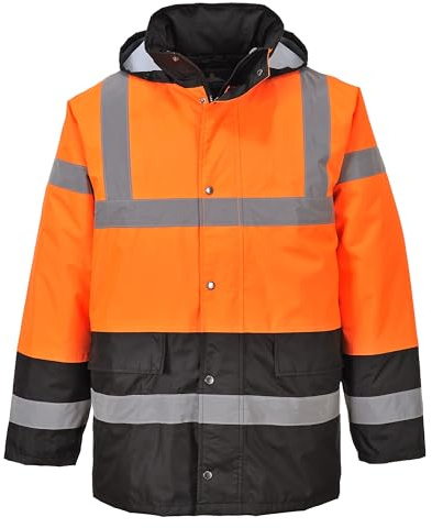 Portwest S467 Men's Hi Vis Contrast Winter Traffic Jacket EN342 CE Certified Waterproof Quilt Lined Storm Flap Reflective Tape Hood Safety Coat, Orange/Black, XXL