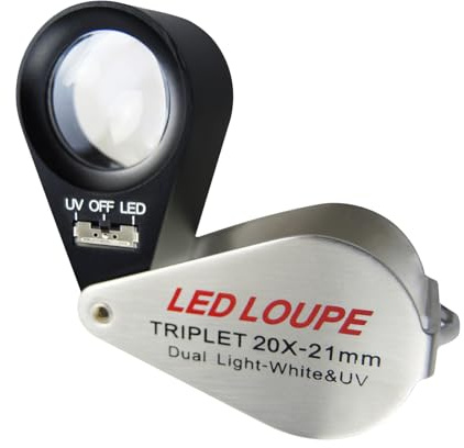 Joyería Lupa con Luz 20x Aumento, Plegable Lupa con LED y UV Luz, Relojería Lupa para Diamantes, Joyeros, Monedas, Sellos 21mm