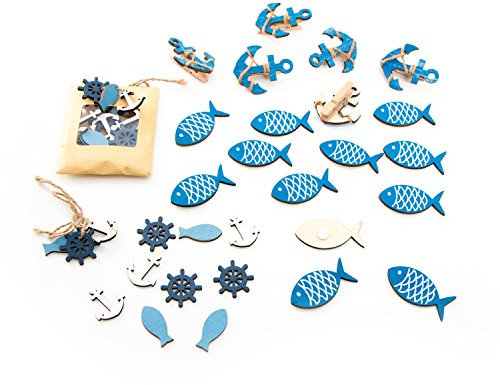 Logbuch-Verlag kit de décoration de table (42 pièces) - lot de 12 poissons avec point adhésif + 24 pièces maritimes en bois + 6 pinces en forme d'ancre bleu