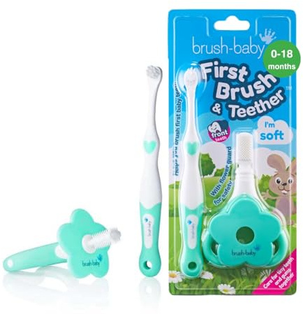 Brush Baby Toothbrush & Teether Set with Soft Bristles for 0-18 Months - Safe BPA-Free First Brush with Long Handle & Gum Massaging Teether - Award-Winning Dental Care Kit for Early Oral Hygiene
