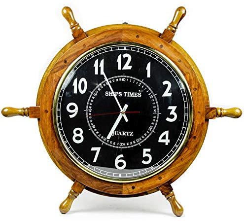 Nagina International Nautical Moon Light Blue Large Wooden Ship Wheel with Ship's Time Captain's Clock - Pirate Home Decorative Clock (24 Inches, Black Dial Face)